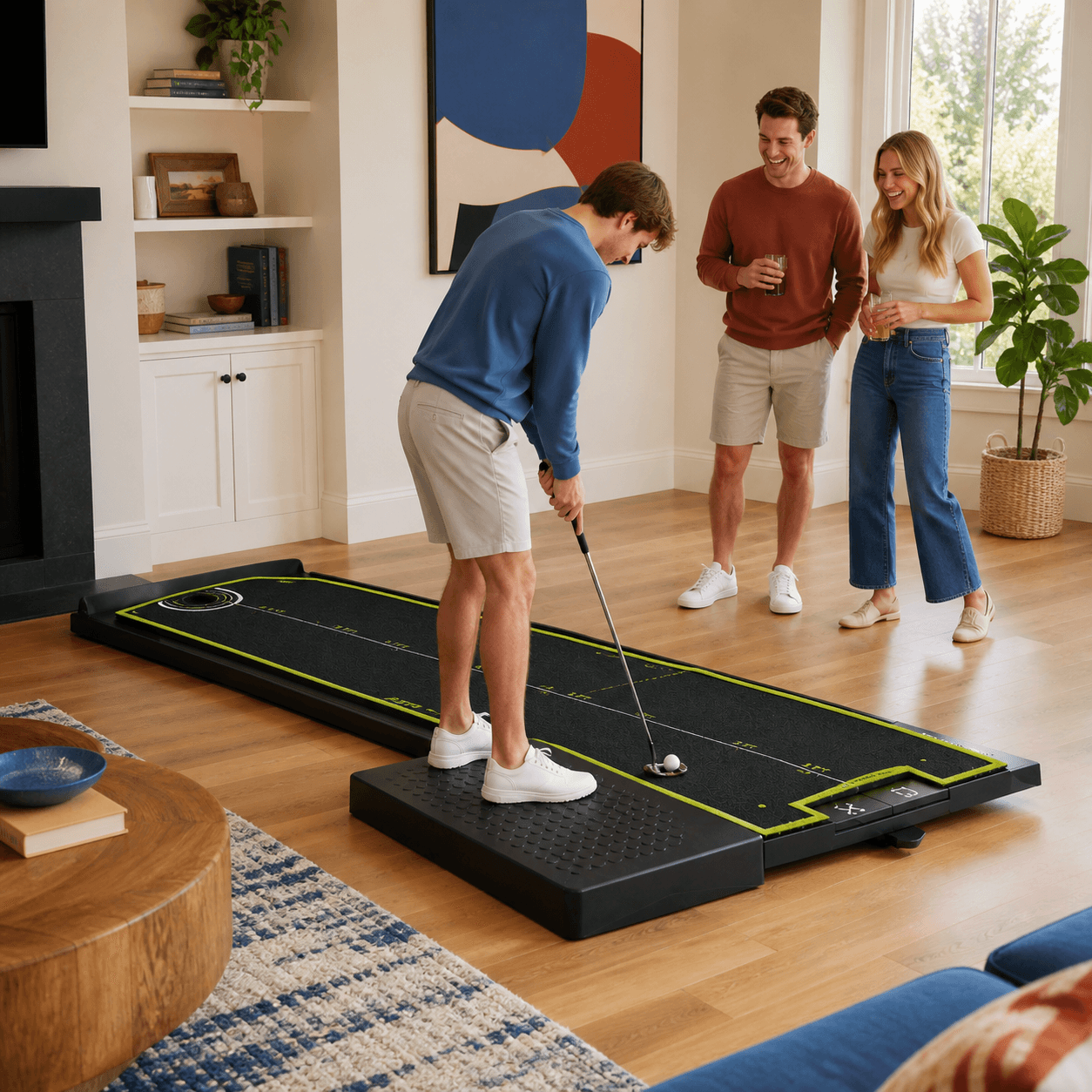 Three friends playing while the active golfer stands side-on from a platform attached along the lane's long edge.