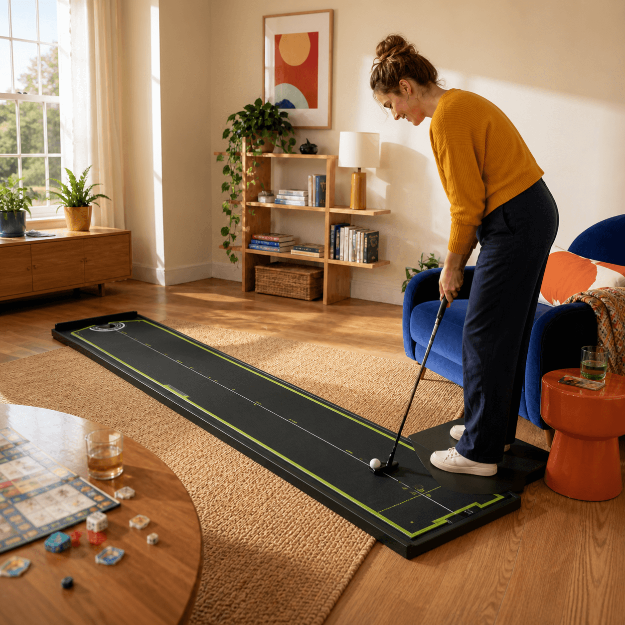 A casually dressed golfer using a full-length NDoorPutt from its side-mounted stance platform.